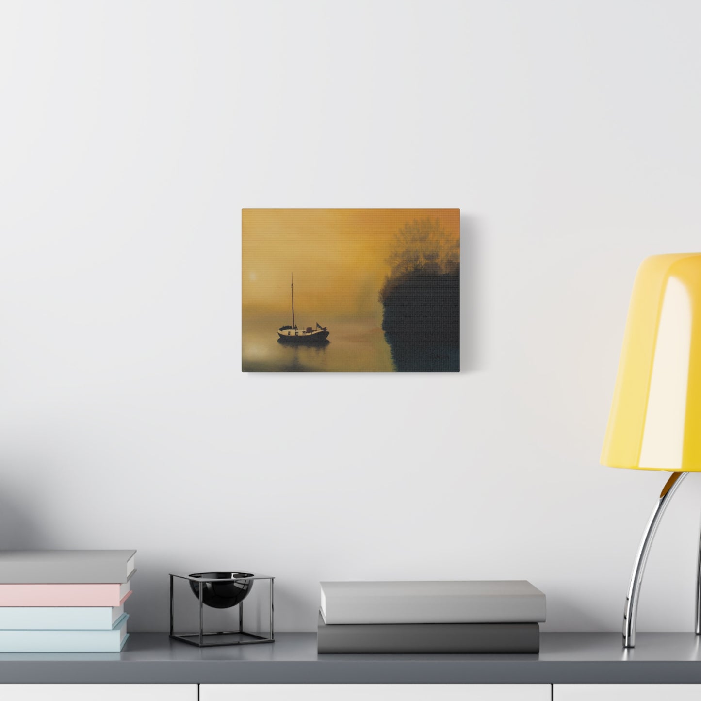 Canvas Art Print of "Boat in the Mist" by Rochelle W. Grimm - Serene Sunset Canvas Art, Tranquil Boat Scene, Home Decor, Wall Art, Nautical Wall Decor, Gift for Sailors