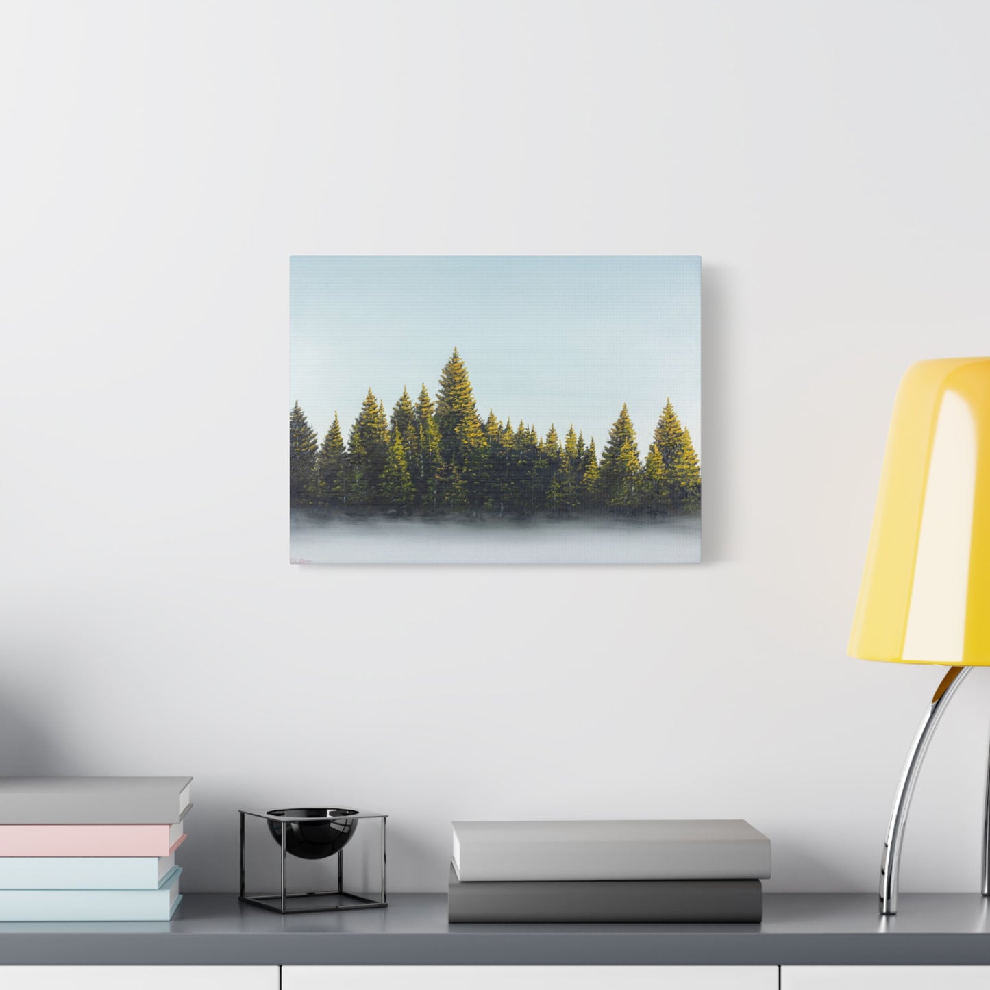 Canvas Art Print of "Pines in the Fog" by Rochelle W. Grimm. - Misty Pine Forest, Nature Enthusiast Wall Art