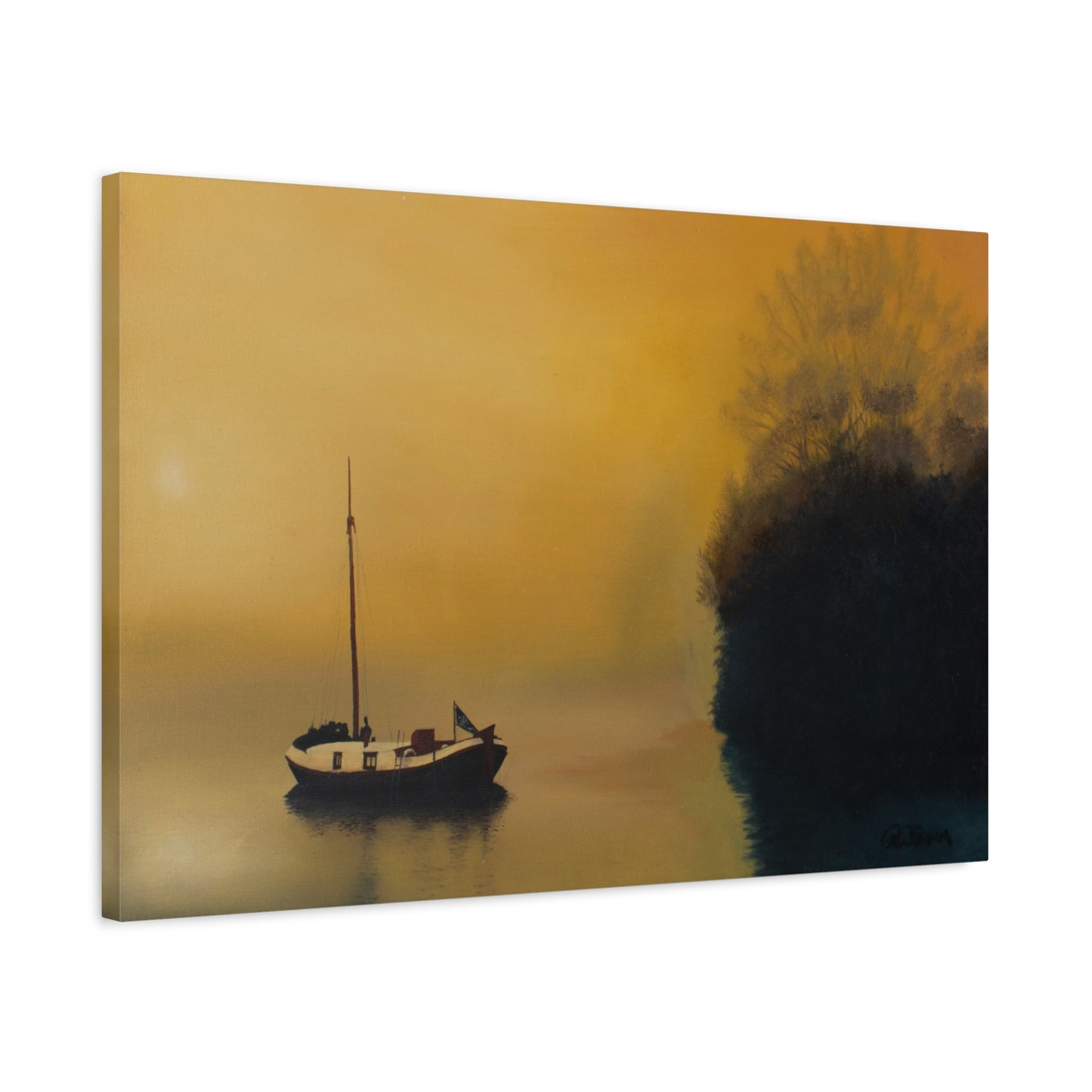 Canvas Art Print of "Boat in the Mist" by Rochelle W. Grimm - Serene Sunset Canvas Art, Tranquil Boat Scene, Home Decor, Wall Art, Nautical Wall Decor, Gift for Sailors