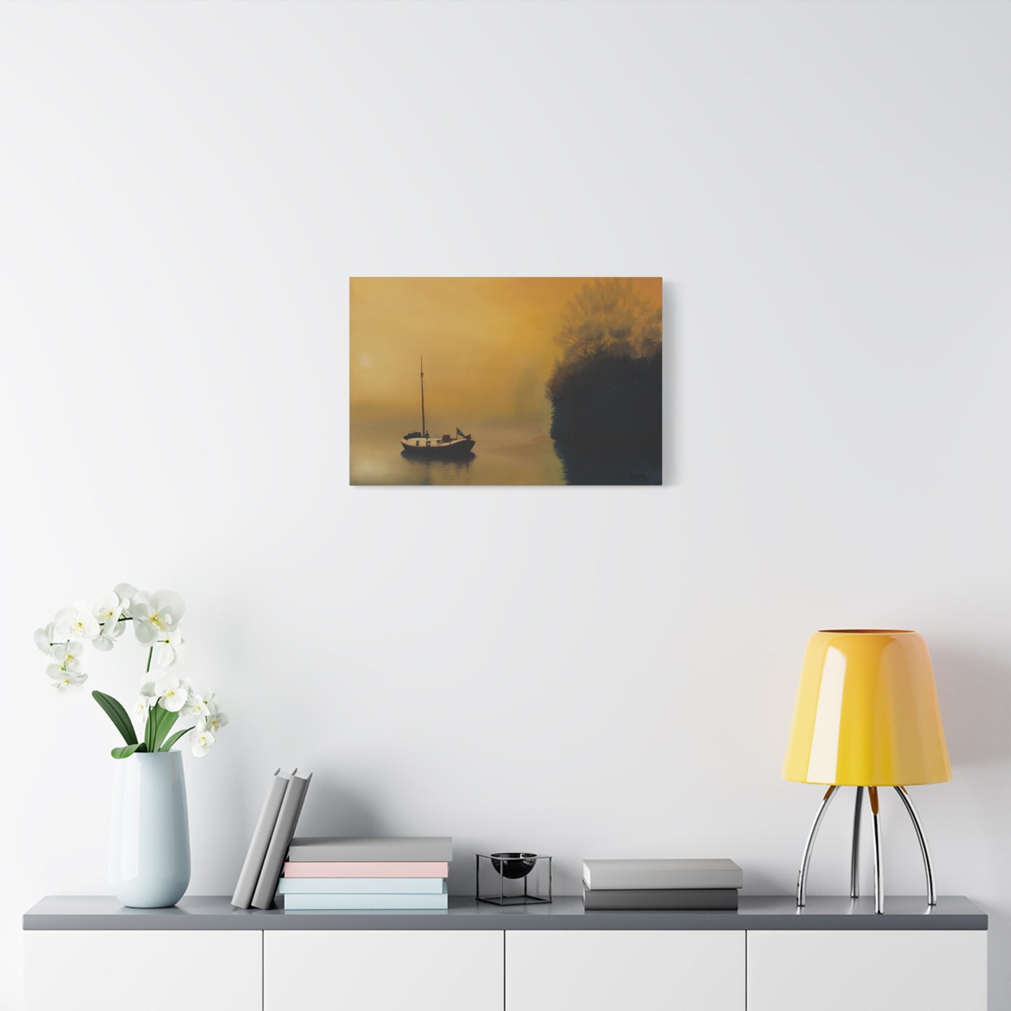 Canvas Art Print of "Boat in the Mist" by Rochelle W. Grimm - Serene Sunset Canvas Art, Tranquil Boat Scene, Home Decor, Wall Art, Nautical Wall Decor, Gift for Sailors