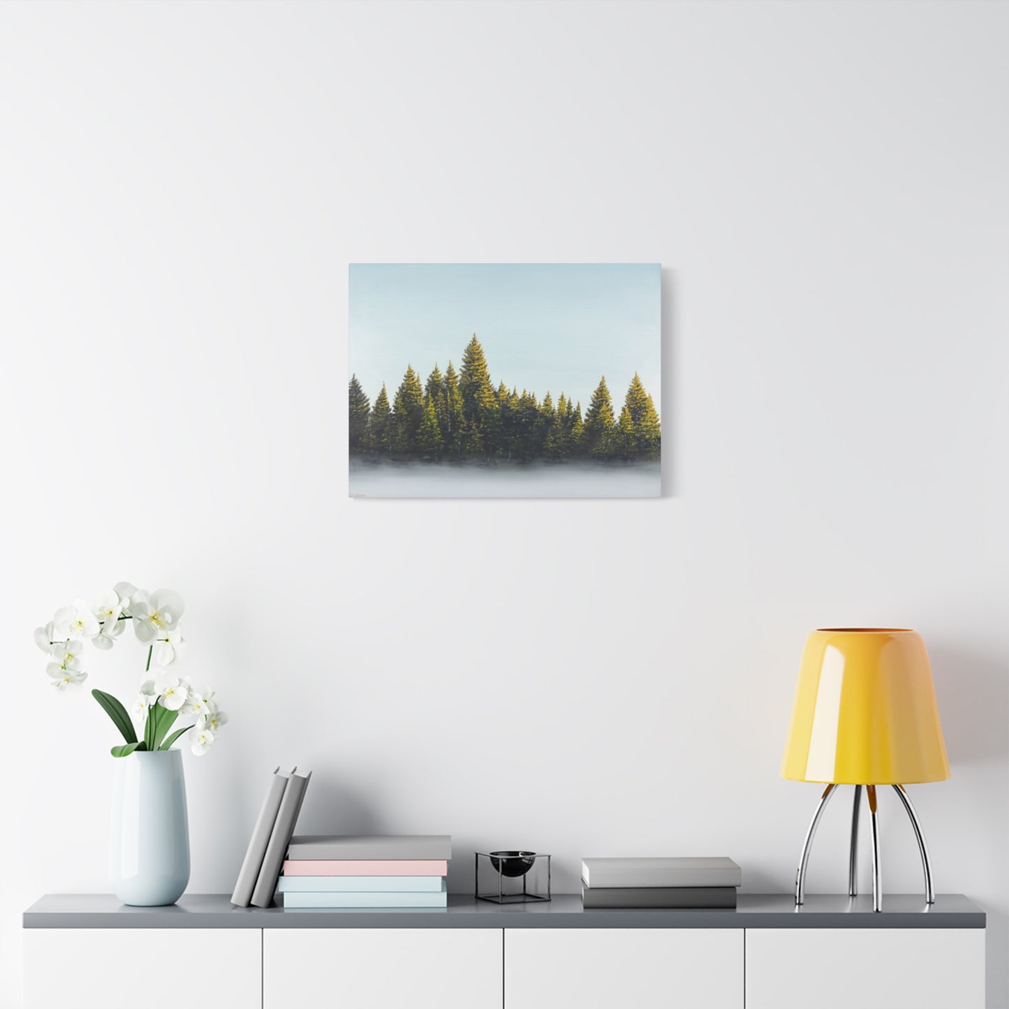 Canvas Art Print of "Pines in the Fog" by Rochelle W. Grimm. - Misty Pine Forest, Nature Enthusiast Wall Art