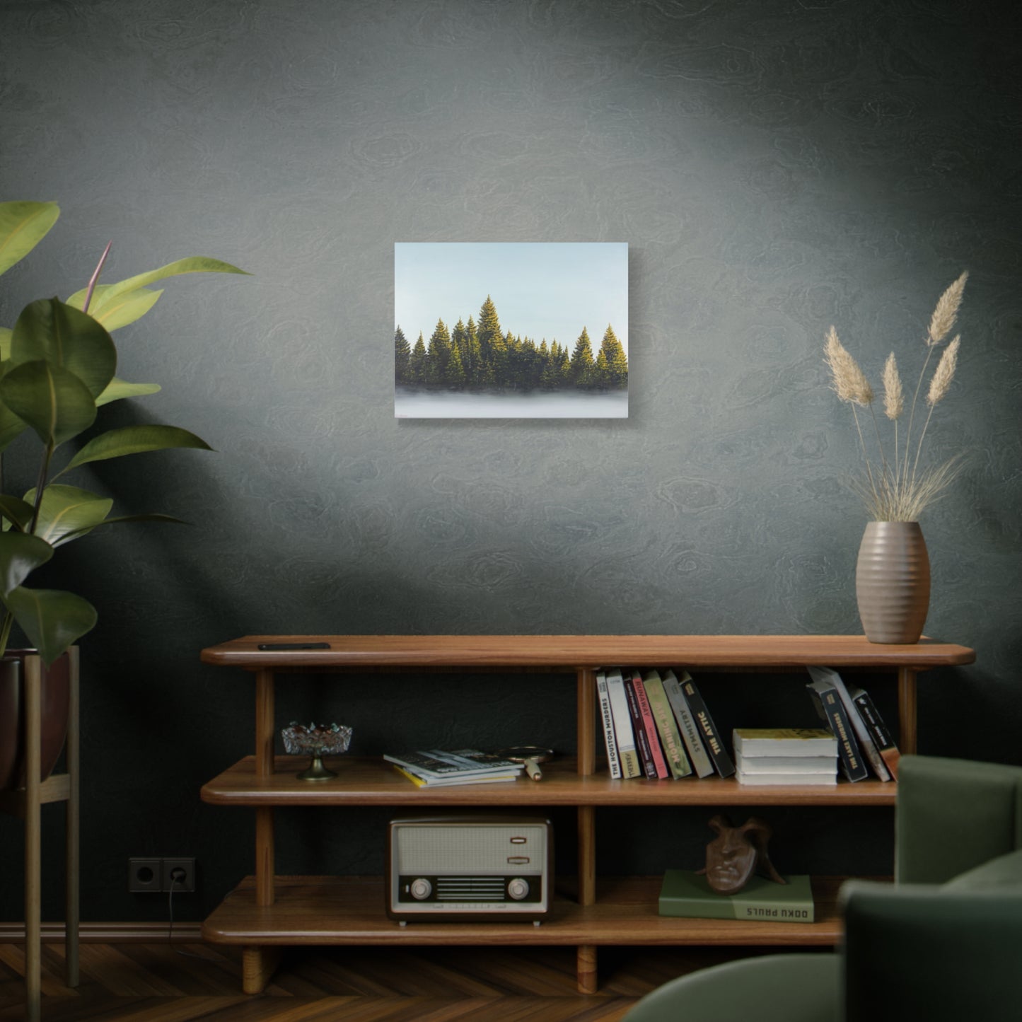 Canvas Art Print of "Pines in the Fog" by Rochelle W. Grimm. - Misty Pine Forest, Nature Enthusiast Wall Art