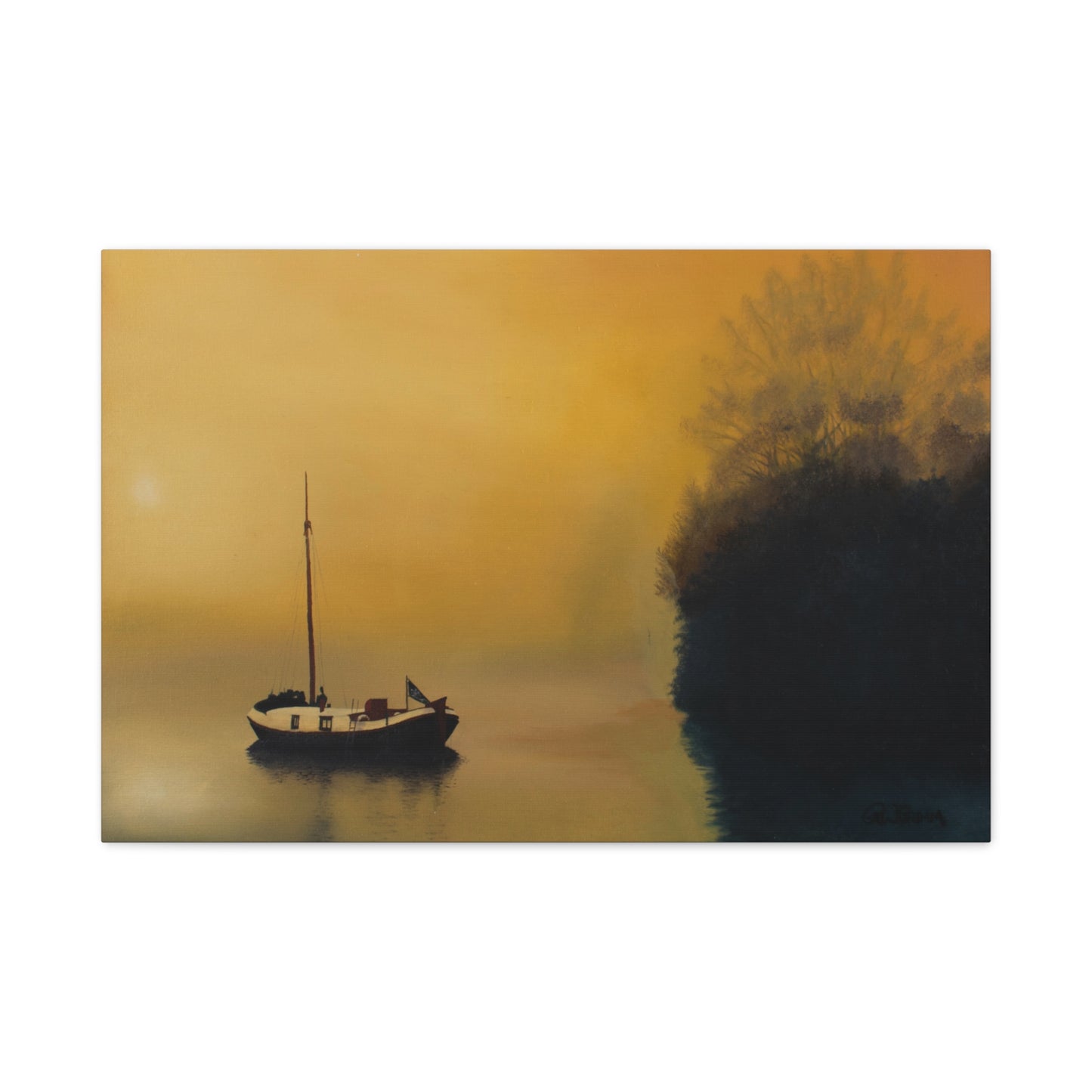 Canvas Art Print of "Boat in the Mist" by Rochelle W. Grimm - Serene Sunset Canvas Art, Tranquil Boat Scene, Home Decor, Wall Art, Nautical Wall Decor, Gift for Sailors