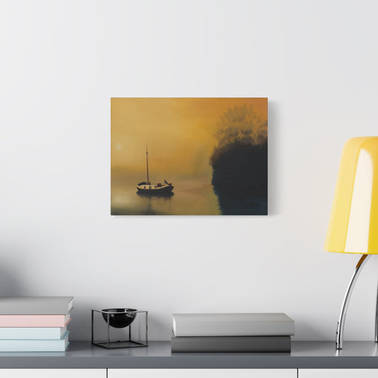 Canvas Art Print of "Boat in the Mist" by Rochelle W. Grimm - Serene Sunset Canvas Art, Tranquil Boat Scene, Home Decor, Wall Art, Nautical Wall Decor, Gift for Sailors
