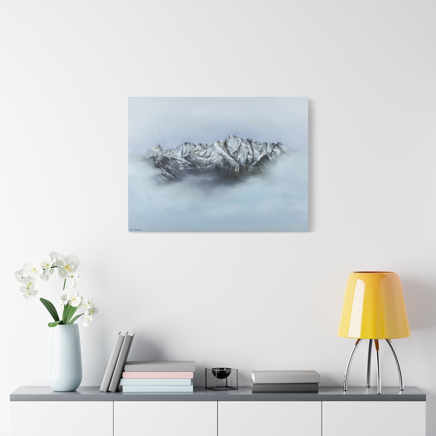 Canvas Art Print of "Mountain Peaks in Mist" by Rochelle W. Grimm - Nature Decor, Home Office Decoration, Gift for Nature Lovers, Minimalist Wall Art