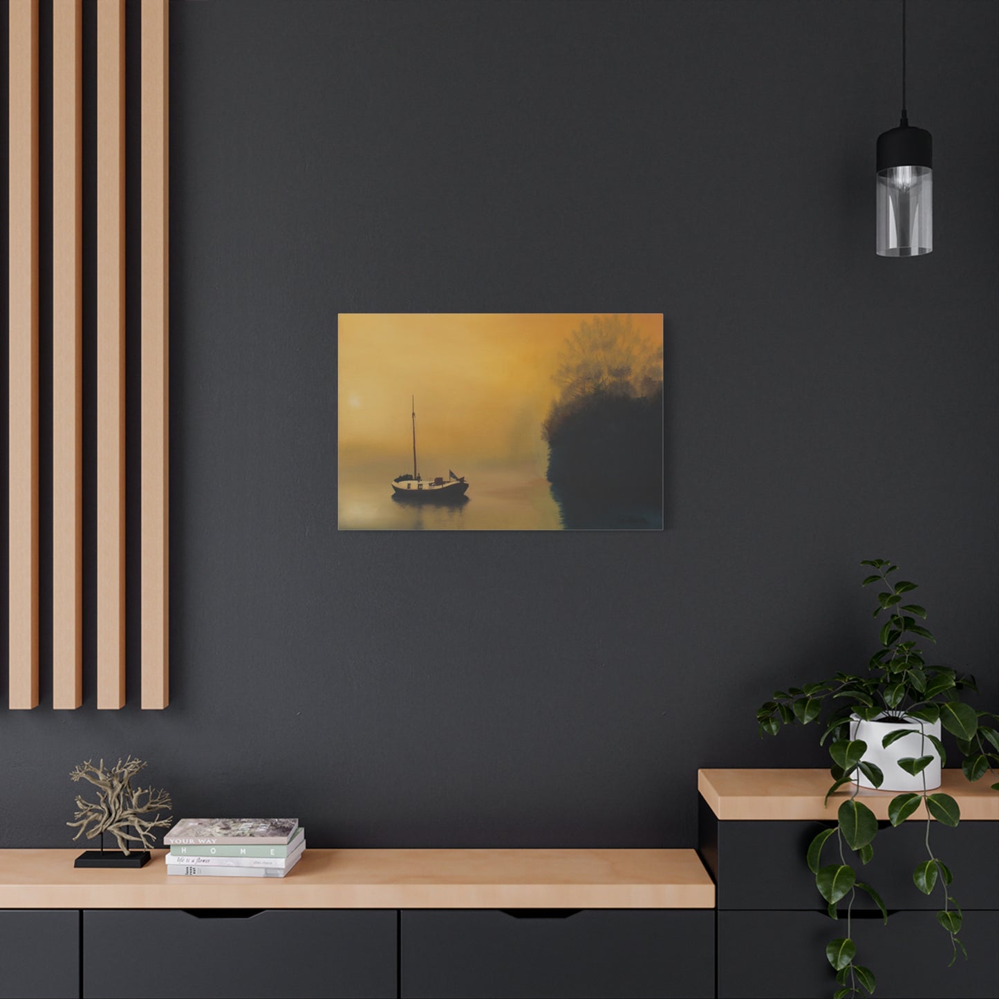Canvas Art Print of "Boat in the Mist" by Rochelle W. Grimm - Serene Sunset Canvas Art, Tranquil Boat Scene, Home Decor, Wall Art, Nautical Wall Decor, Gift for Sailors