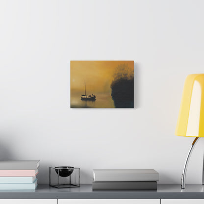Canvas Art Print of "Boat in the Mist" by Rochelle W. Grimm - Serene Sunset Canvas Art, Tranquil Boat Scene, Home Decor, Wall Art, Nautical Wall Decor, Gift for Sailors