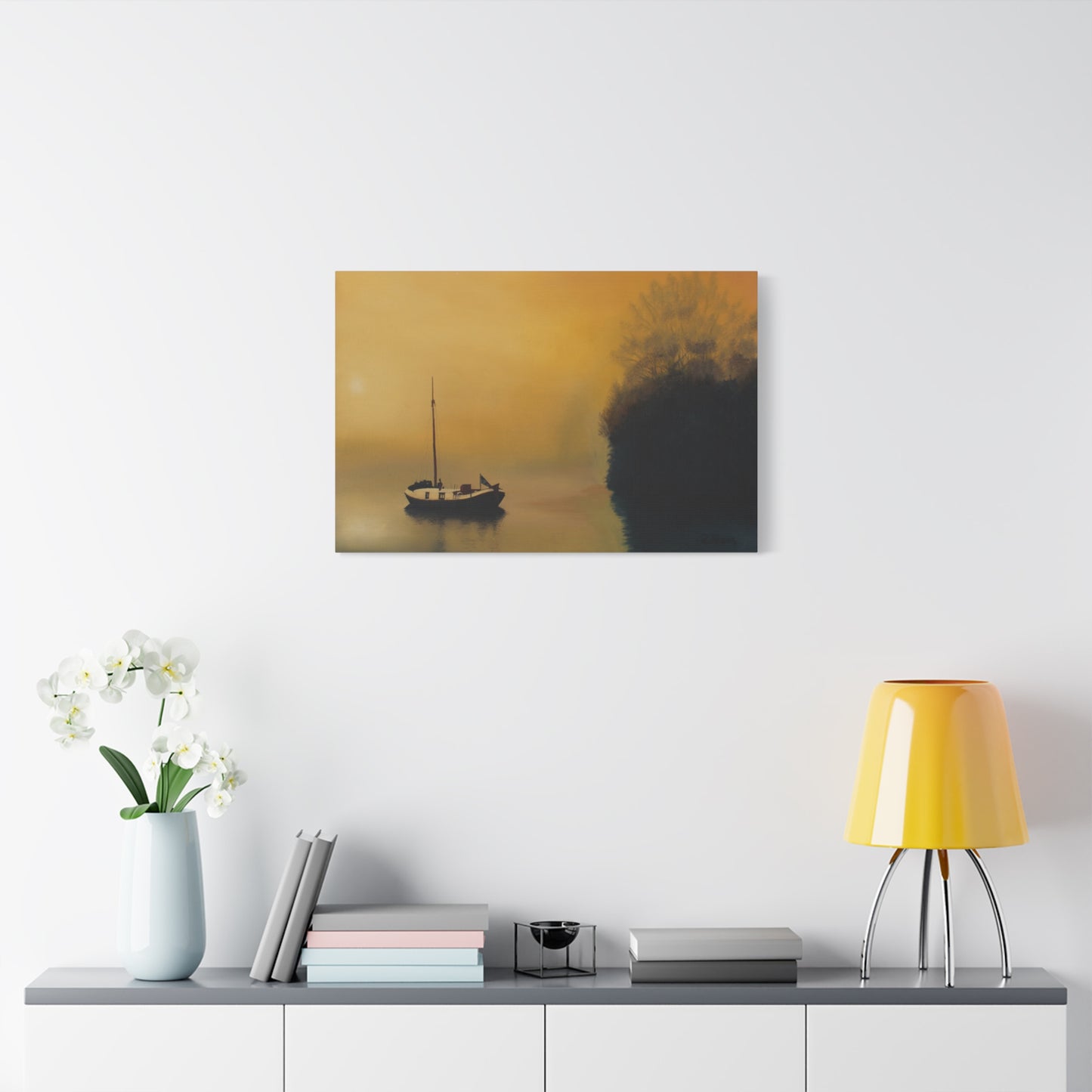 Canvas Art Print of "Boat in the Mist" by Rochelle W. Grimm - Serene Sunset Canvas Art, Tranquil Boat Scene, Home Decor, Wall Art, Nautical Wall Decor, Gift for Sailors