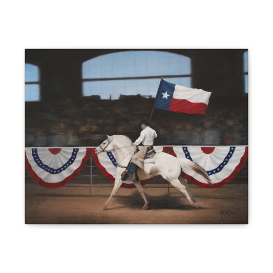 Canvas Art Print of "Texas" by Rochelle W. Grimm. - Texas Flag Rodeo Art Print, Wall Decor, Country Home Decoration, Equestrian Gift, Americana Artwork, Patriotic Canvas