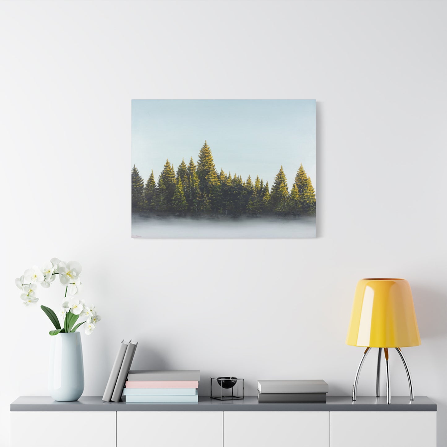 Canvas Art Print of "Pines in the Fog" by Rochelle W. Grimm. - Misty Pine Forest, Nature Enthusiast Wall Art