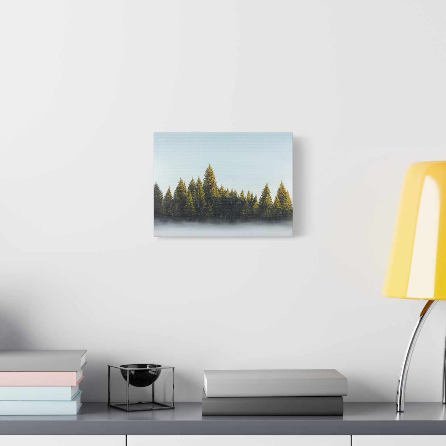 Canvas Art Print of "Pines in the Fog" by Rochelle W. Grimm. - Misty Pine Forest, Nature Enthusiast Wall Art