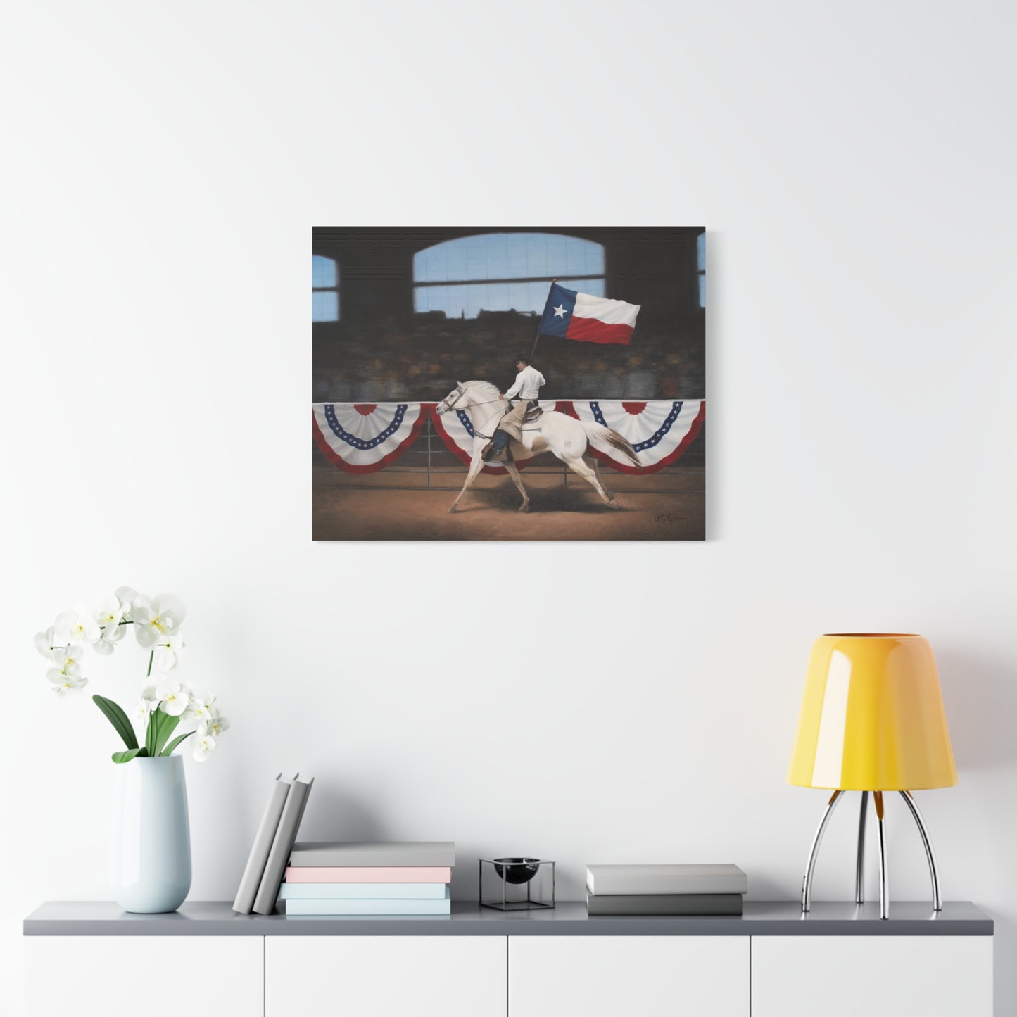 Canvas Art Print of "Texas" by Rochelle W. Grimm. - Texas Flag Rodeo Art Print, Wall Decor, Country Home Decoration, Equestrian Gift, Americana Artwork, Patriotic Canvas