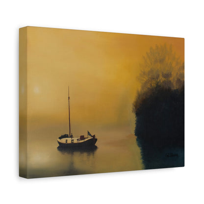 Canvas Art Print of "Boat in the Mist" by Rochelle W. Grimm - Serene Sunset Canvas Art, Tranquil Boat Scene, Home Decor, Wall Art, Nautical Wall Decor, Gift for Sailors