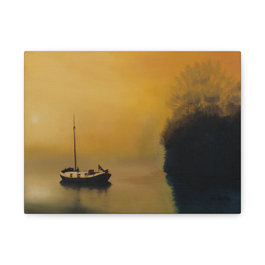 Canvas Art Print of "Boat in the Mist" by Rochelle W. Grimm - Serene Sunset Canvas Art, Tranquil Boat Scene, Home Decor, Wall Art, Nautical Wall Decor, Gift for Sailors