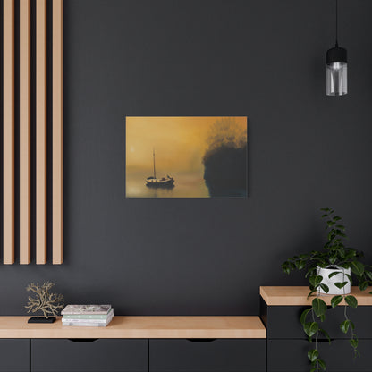 Canvas Art Print of "Boat in the Mist" by Rochelle W. Grimm - Serene Sunset Canvas Art, Tranquil Boat Scene, Home Decor, Wall Art, Nautical Wall Decor, Gift for Sailors